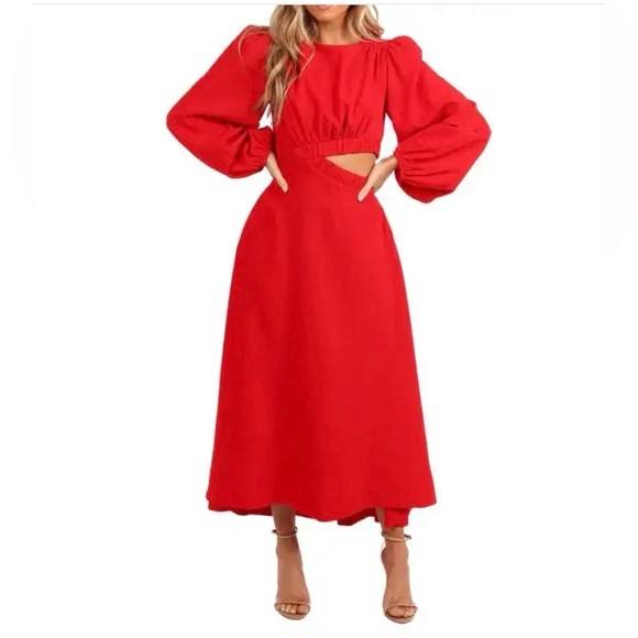 36. Petal & pup $100 Ginnee Long Sleeve Cutout Midi Dress - Red - Picture 2 of 3